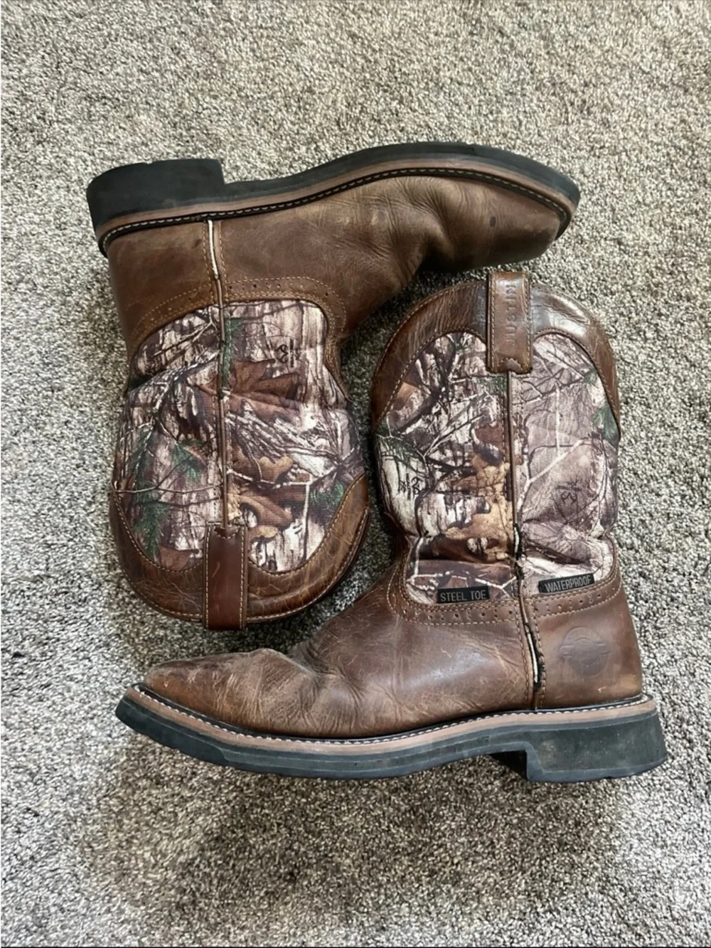 Justin Original Work Boots Mens 10EE Steel Toe Brown Camo Pull On AC1003 Wide